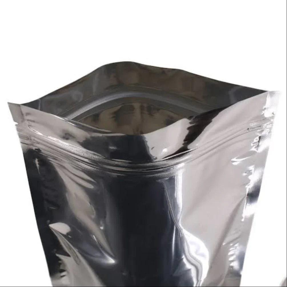 Shiny silver stand-up zipper pouch with resealable top, ideal for premium product packaging