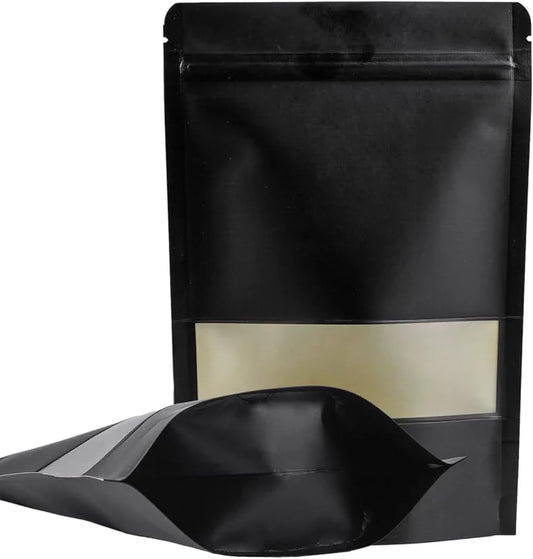 Black stand-up zipper pouch with gold window, ideal for premium product packaging and branding
