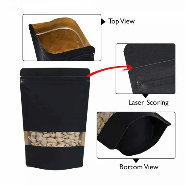 Black stand-up zipper pouch with laser scoring, top and bottom views, showcasing nuts inside