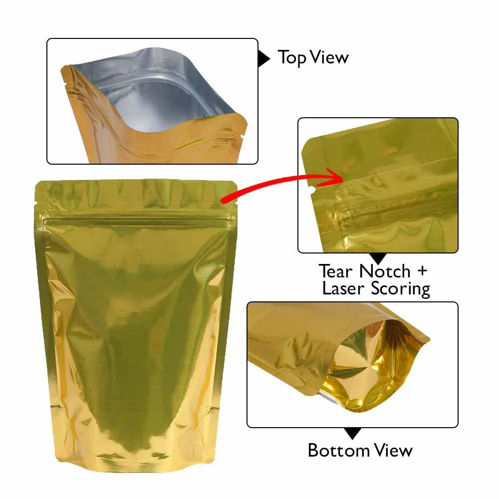 Gold stand-up pouch with tear notch, laser scoring, top & bottom views for premium packaging