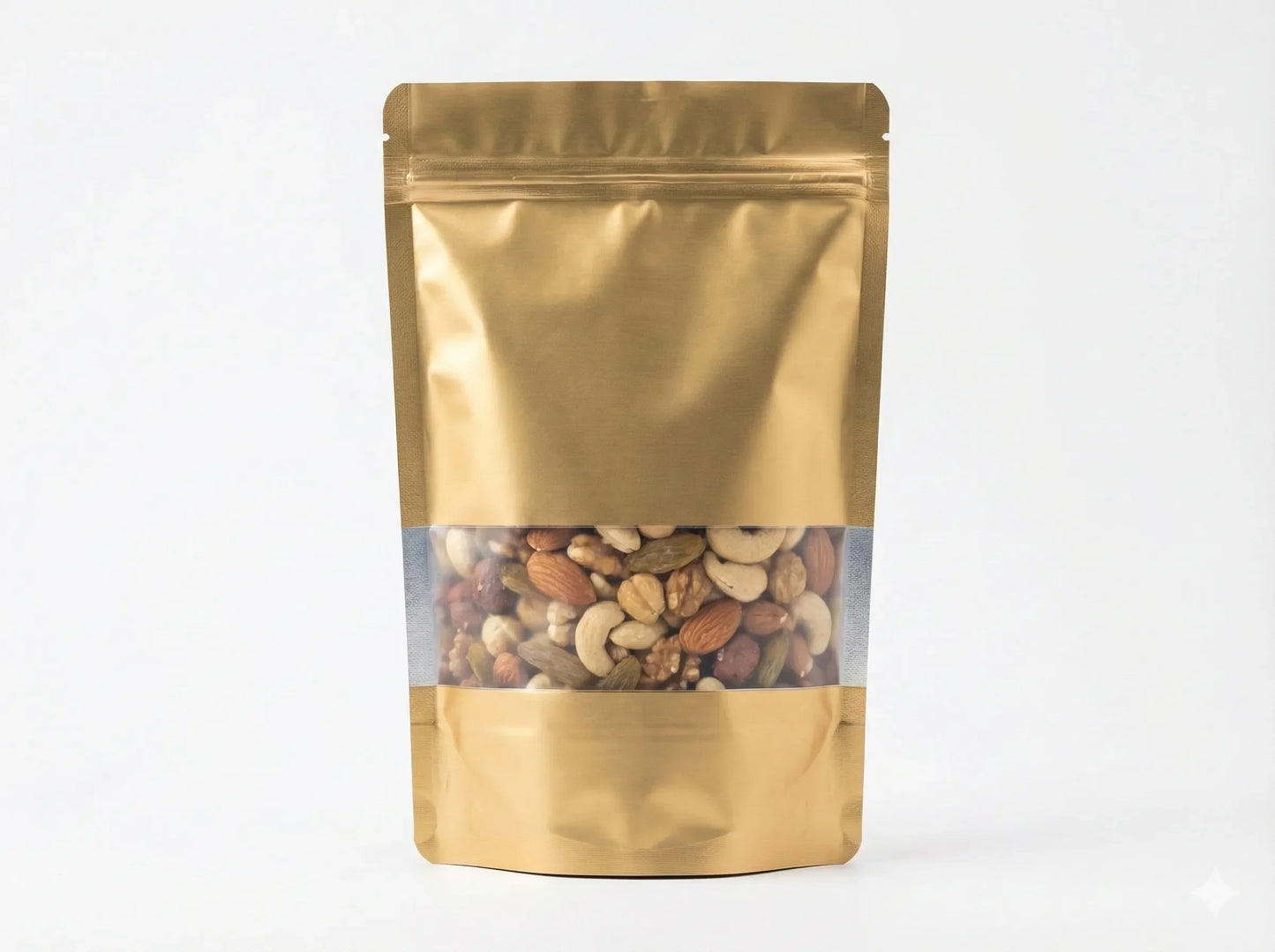 Gold stand-up zipper pouch with clear window displaying mixed nuts, ideal for premium snack packaging.