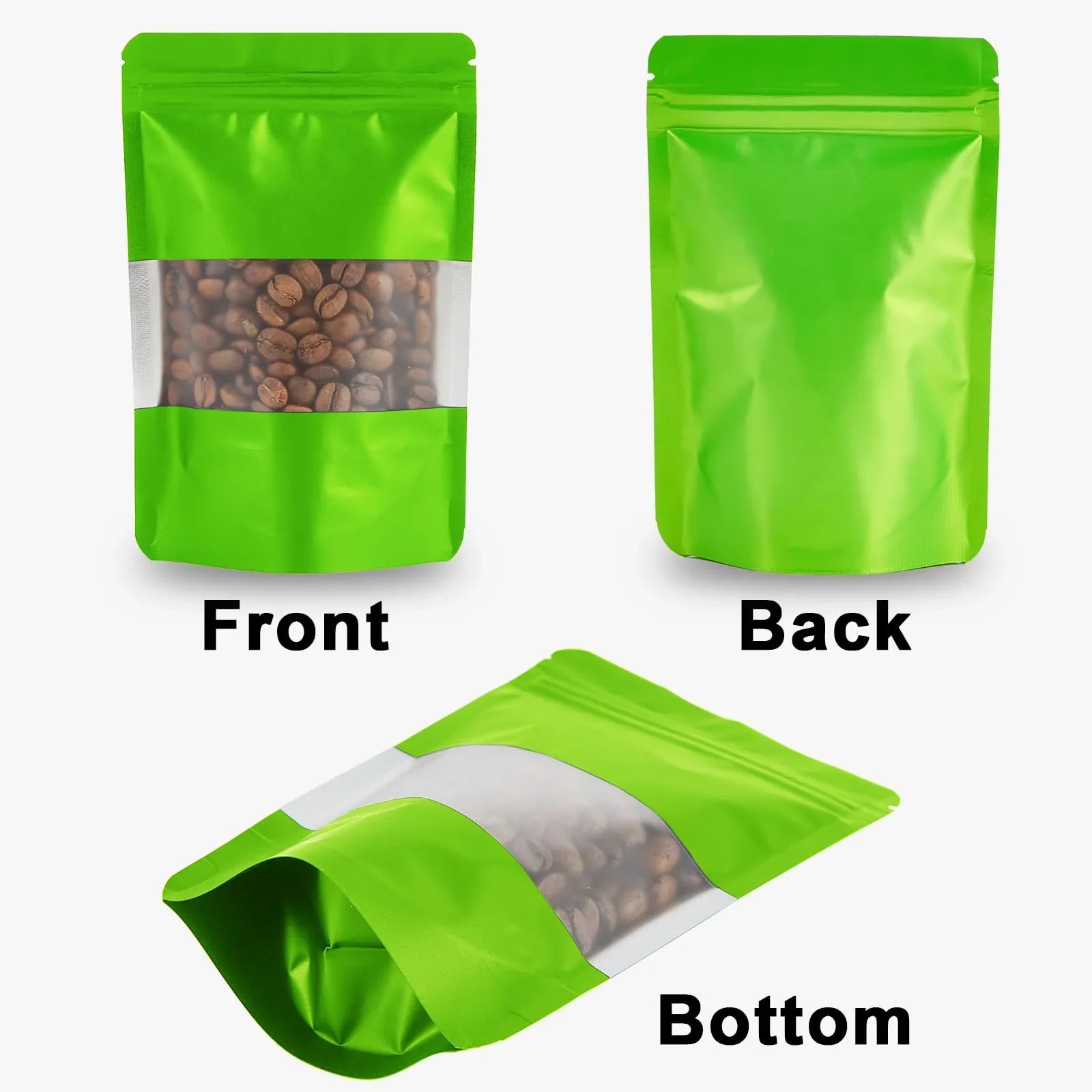 Green stand-up zipper pouch with window for coffee beans, front, back, and bottom views