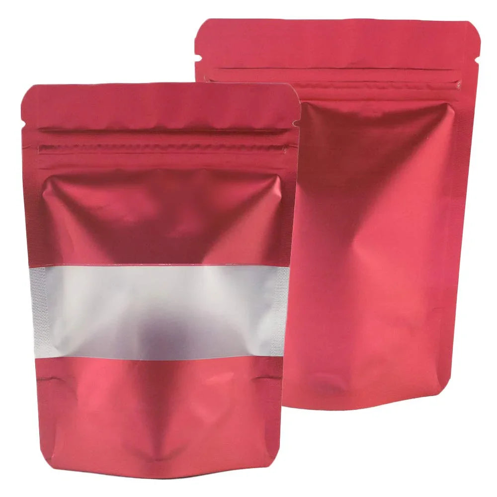 Red stand-up zipper pouches with clear window, premium flexible packaging for brands