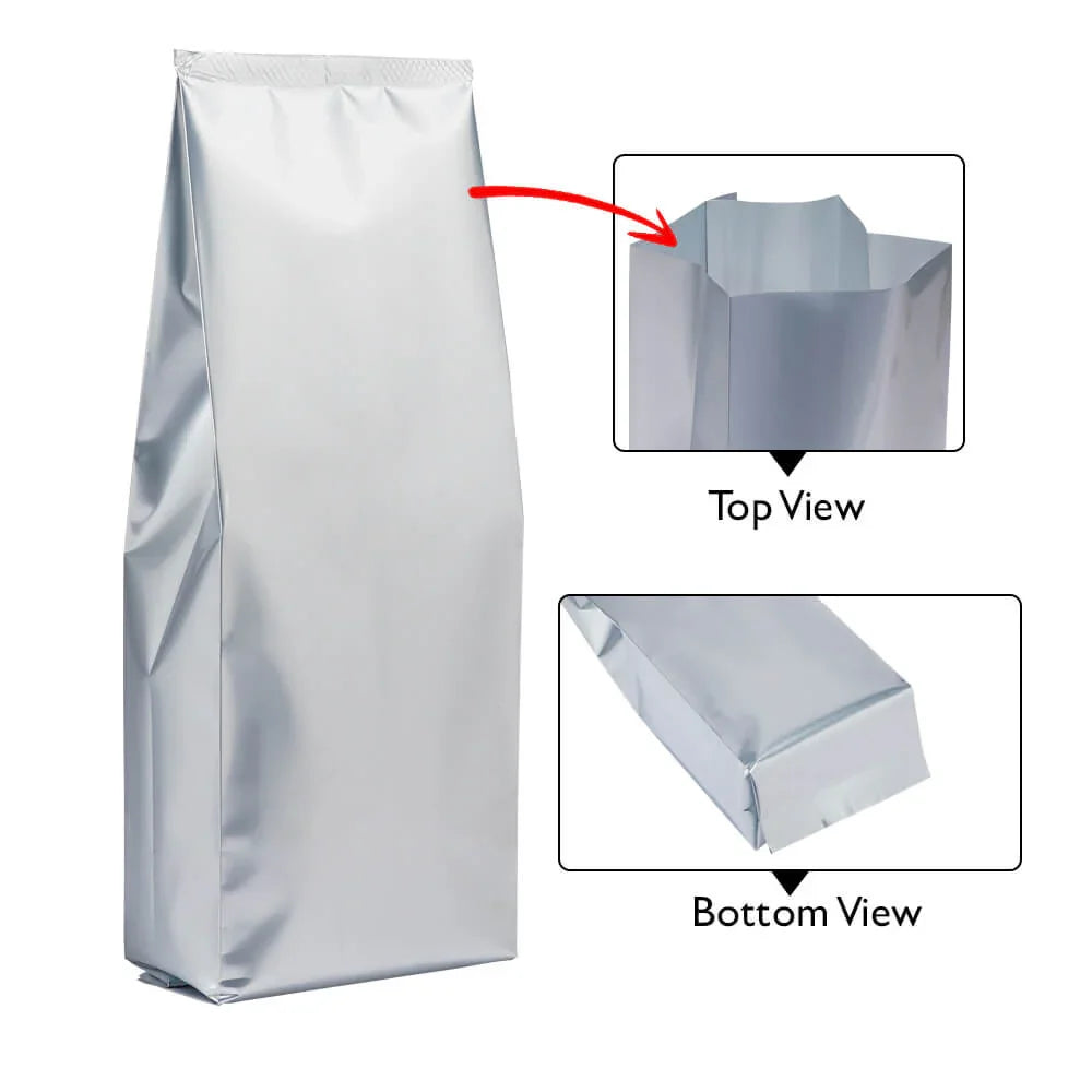 Silver stand-up aluminum foil bag with top and bottom views, ideal for premium product packaging.