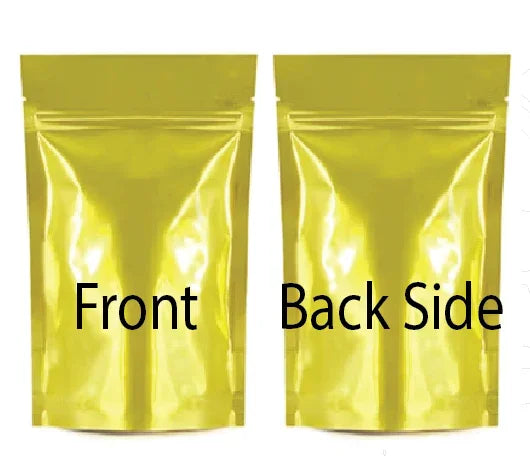 Gold stand-up zipper pouch front and back view, premium flexible packaging for brands