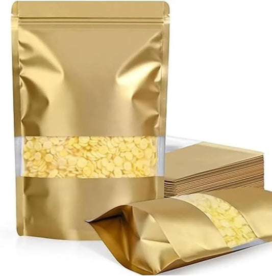 Gold stand-up zipper pouch with clear window, ideal for premium flexible packaging and wholesale supplies.
