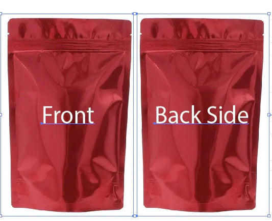 Red stand-up zipper pouch front and back view, premium flexible packaging for brands