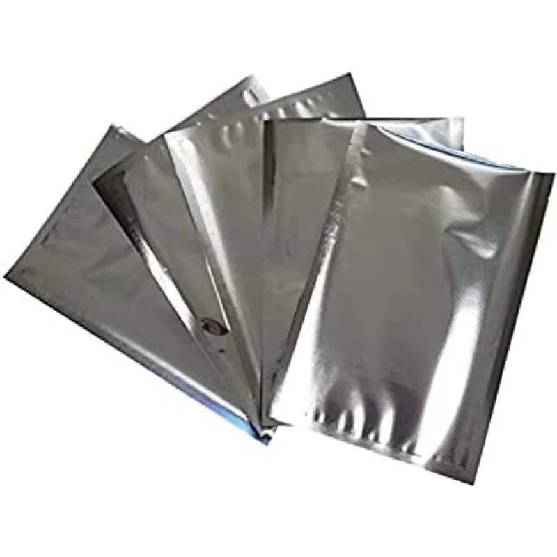 Shiny silver aluminum foil bags with zipper seals, ideal for premium product packaging and storage.