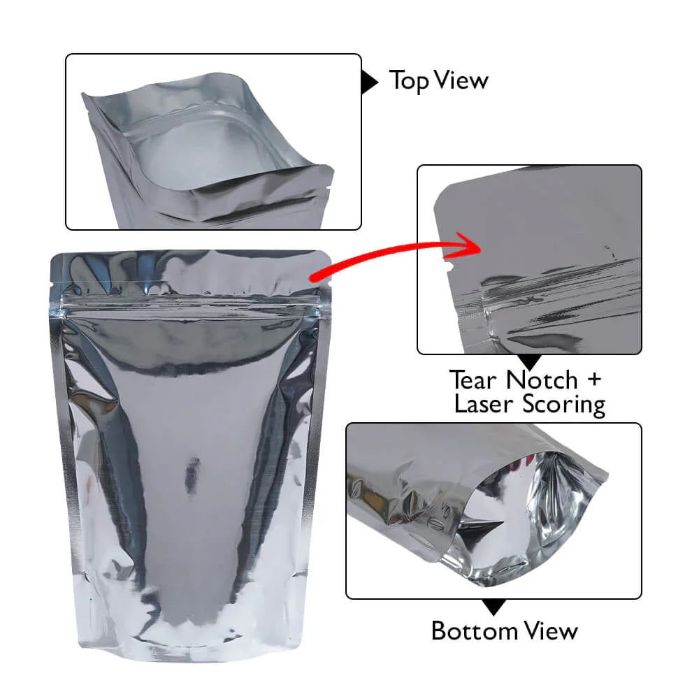 Silver stand-up pouch with tear notch, laser scoring, top & bottom views for flexible packaging