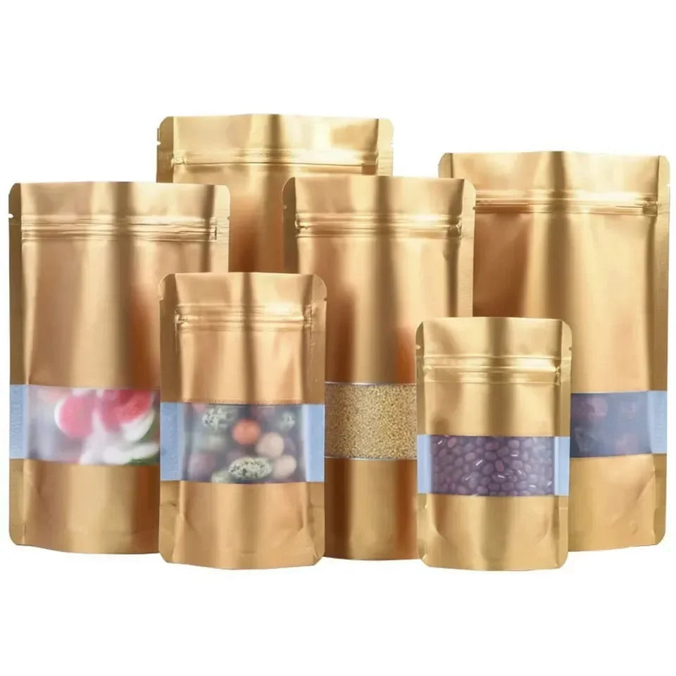 Gold stand-up zipper pouches with clear windows for food packaging, ideal for snacks and grains