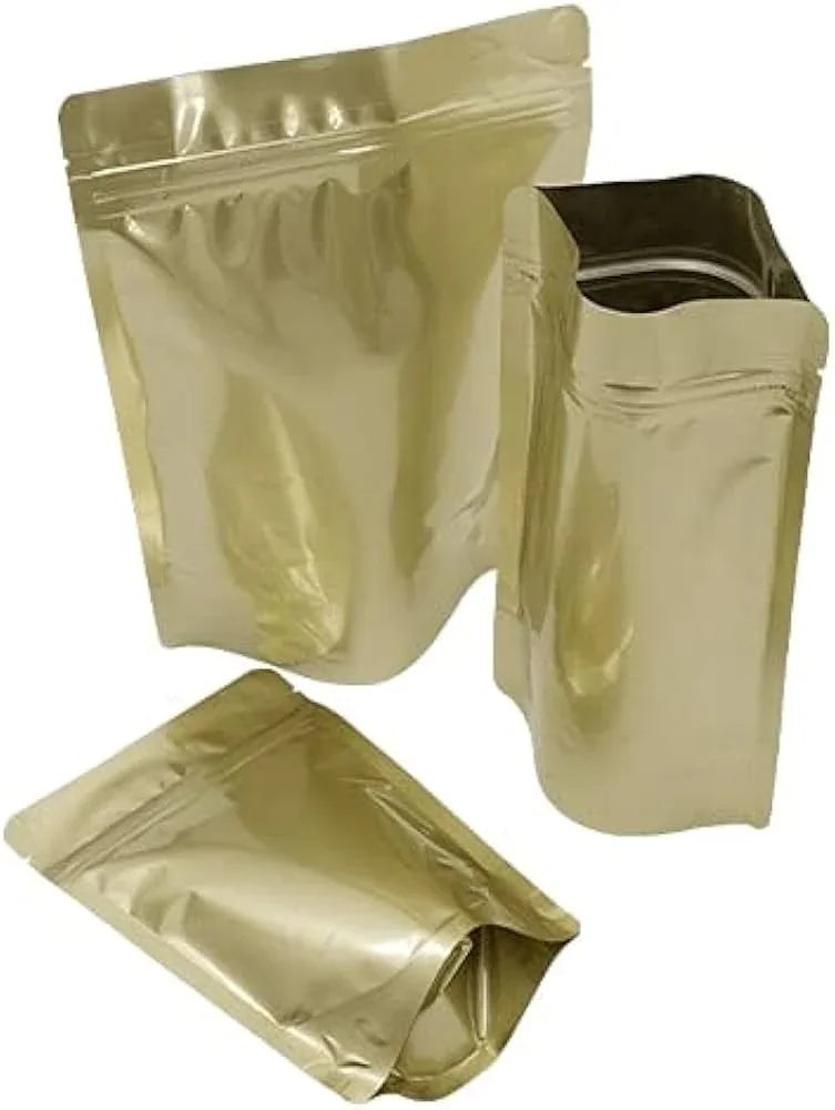 Gold stand-up zipper pouches, aluminum foil bags for premium product packaging